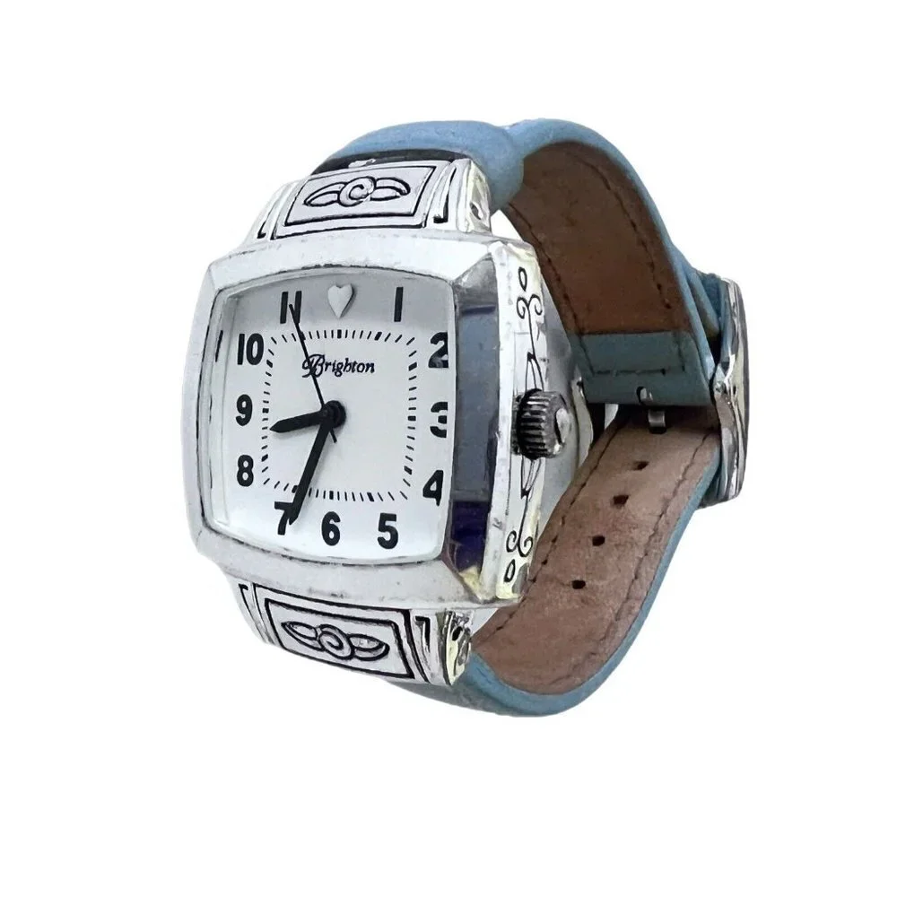 Brighton Orchard Watch Blue Leather Band Square Dial Silver Plated New Battery